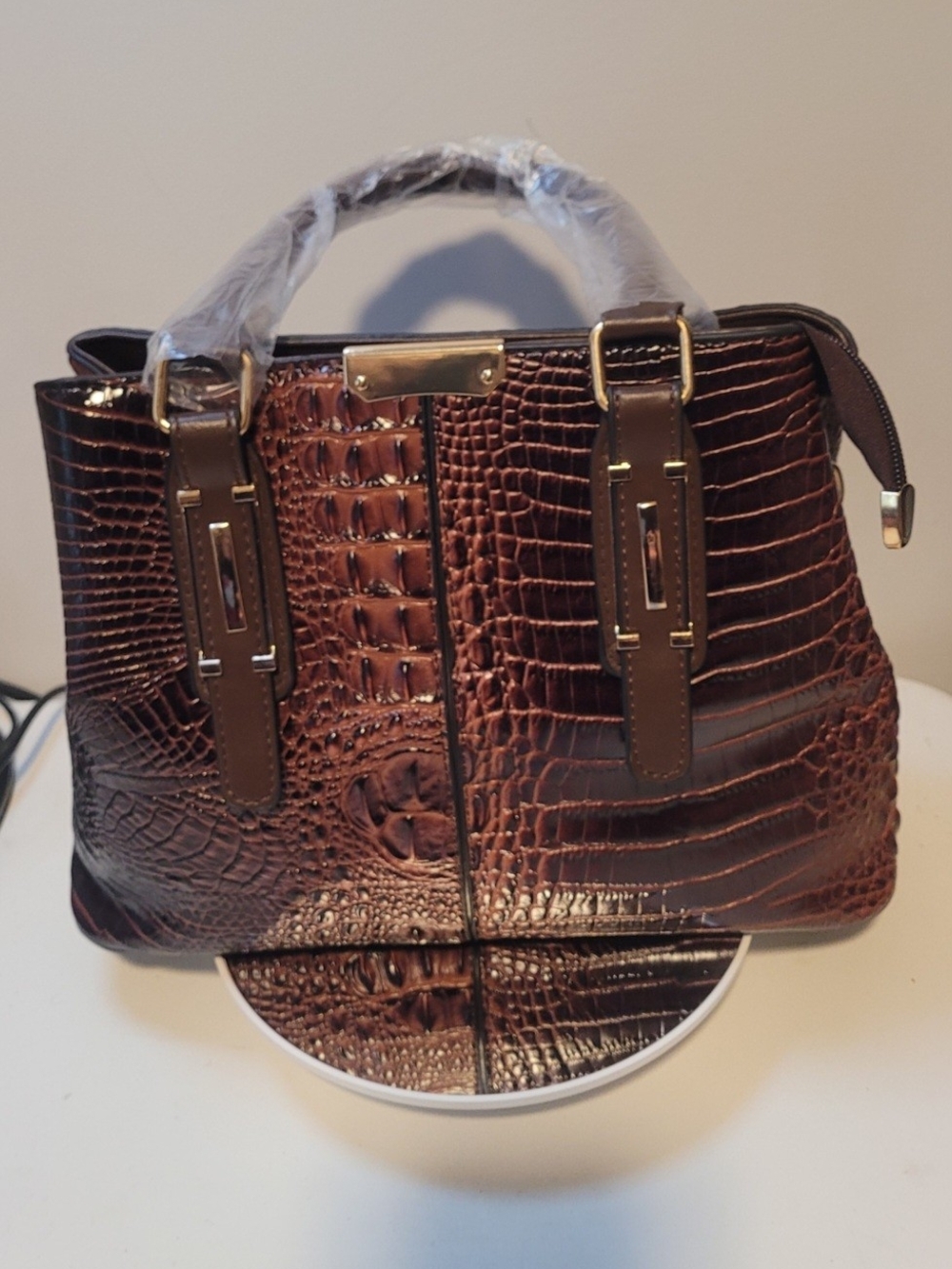 Croc-Embossed Structured Top-Handle Satchel in Brown